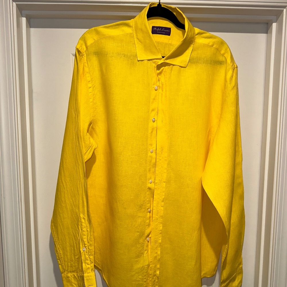 Ralph lauren Purple Label Yellow linen long Sleeve Shirt Size 17.5 $395